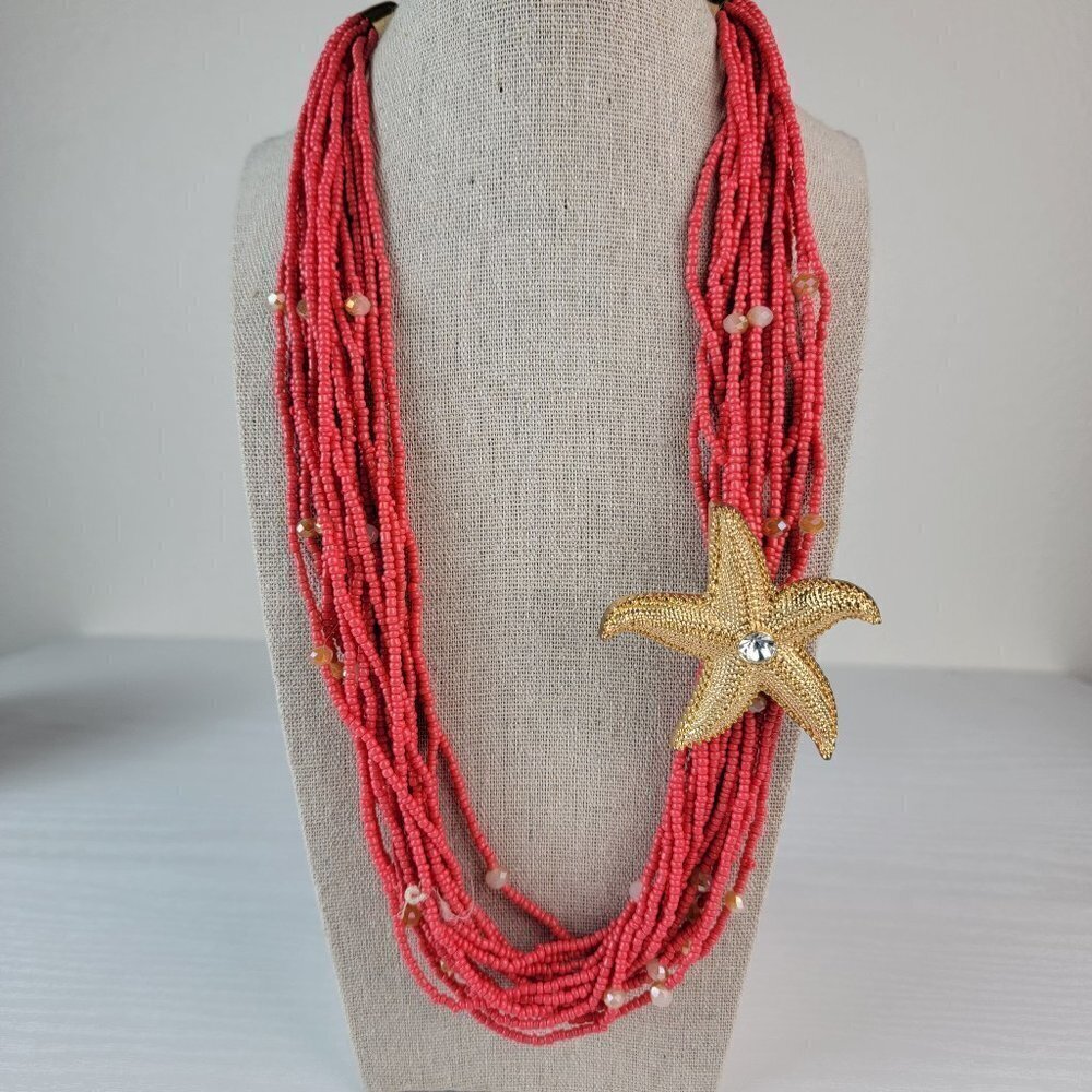 Gold Tone Starfish Charm Red Seed Bead Muti Strand Statement Necklace 25 Inch